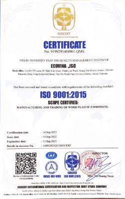 Chứng nhận hệ thống quản lý chất lượng ISO 9001:2015 của Ecovina.
